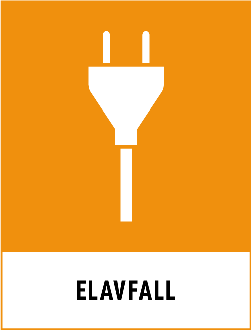 Orange ruta med tecknad bild av en elkontakt och texten Elavfall. 
